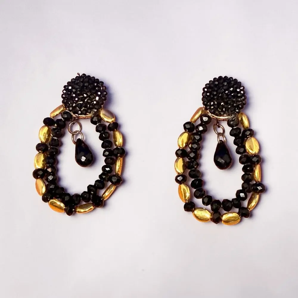 🧚🏻‍♀️ Handmade Black & Gold Beaded Drop Earrings Statement 2.75” Bold Chic